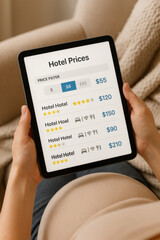 Hotel price comparison on tablet screen showing ratings and amenities for booking
