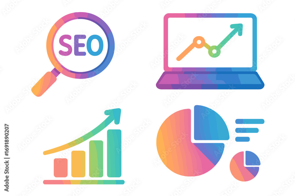 Aufkleber seo analytics icon set for marketing. colorful gradient data visualization elements. vector cartoon 