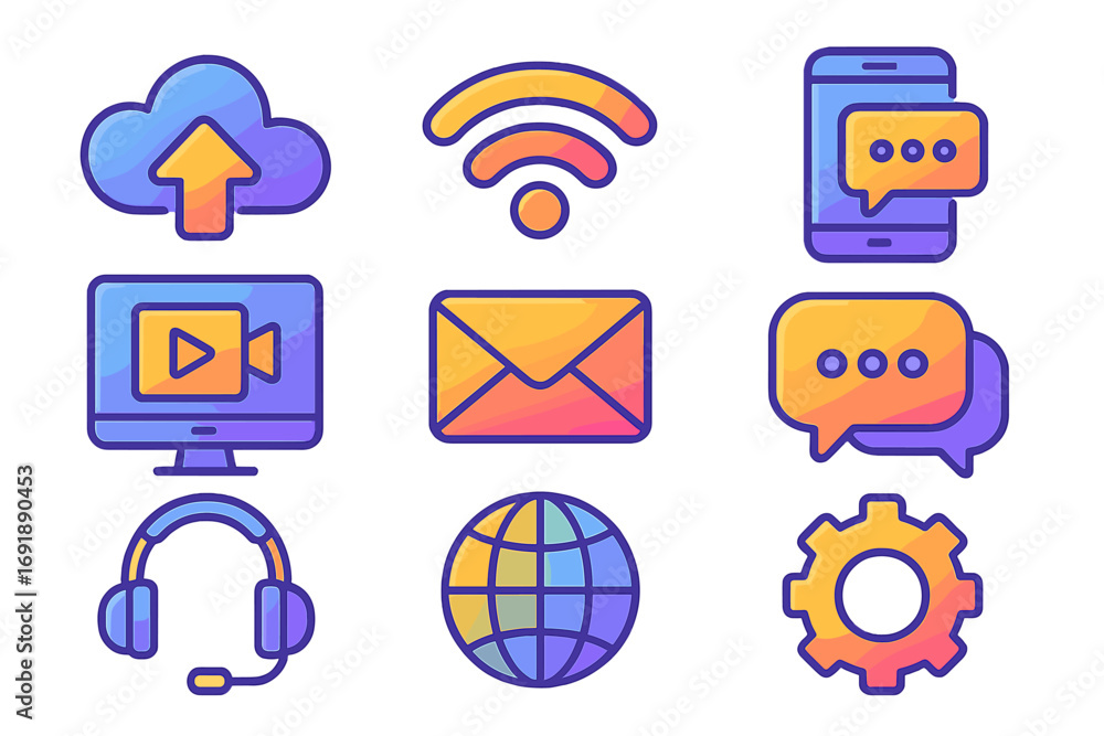 Aufkleber colorful gradient icon set for digital technology and communication. vector concepts for web, intern