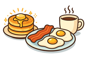 Breakfast cartoon vector illustration. American diner morning meal with pancakes, fried eggs, bacon and coffee. Delicious brunch food concept for restaurant menu or icon.