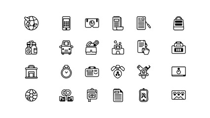 Business and travel outline icons set with transparent background