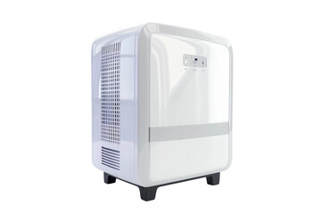 Compact portable dehumidifier isolated on grey background for indoor air purification concept.