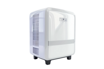 Compact portable dehumidifier isolated on grey background for indoor air purification concept.