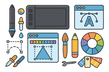 Graphic design tools icon set. Vector illustration elements for digital art. Creative software kit with tablet, pen, color wheel, palette. Drawing, typography & UI/UX icons.
