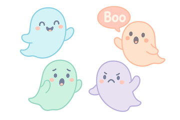 Set of cute pastel ghosts with various emotions. Kawaii cartoon character collection with happy, sad, angry, scared expressions. Spooky Halloween vector illustration for kids.