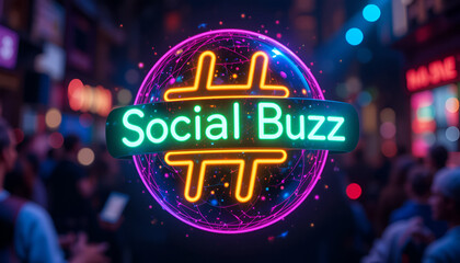 Vibrant neon sign with the text social buzz and a hashtag symbol, set against a blurred urban background with bokeh lights, evoking a sense of digital communication and online trends