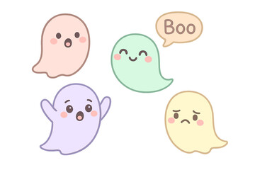 Cute pastel ghosts character set. Kawaii cartoon vector illustration collection. Friendly spooky spirits with various emotions and expressions for Halloween design elements.