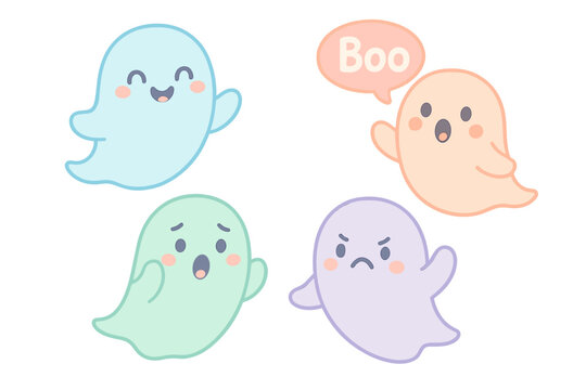 Set of cute pastel ghosts with various emotions. Kawaii cartoon character collection with happy, sad, angry, scared expressions. Spooky Halloween vector illustration for kids.