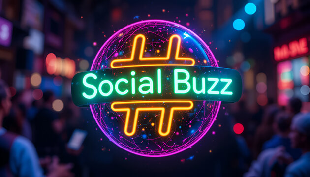 Vibrant neon sign with the text social buzz and a hashtag symbol, set against a blurred urban background with bokeh lights, evoking a sense of digital communication and online trends