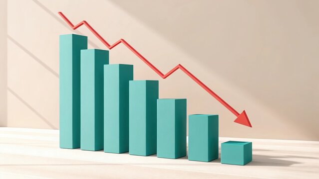 Turquoise bar chart showing steep financial decline with red arrow