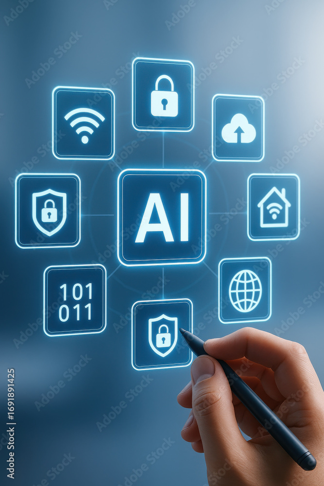 Poster artificial intelligence concept with security and network icons glowing in blue light