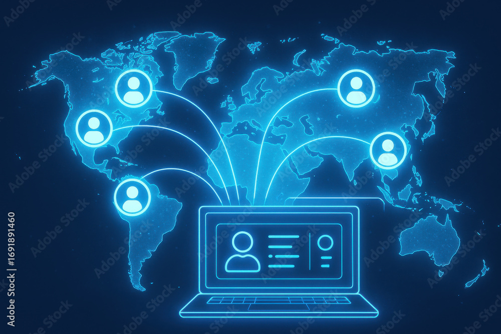 Poster global network connection with laptop and user icons on world map glowing in blue