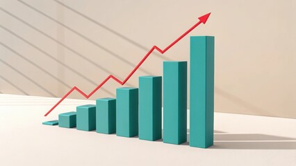 Upward trending bar chart with red arrow showing growth