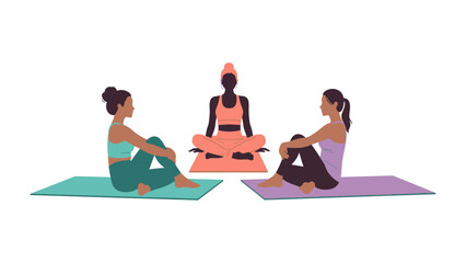 Three diverse women practicing yoga together indoors on mats in a serene setting promoting wellness and mindfulness