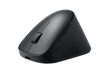 Ergonomic vertical mouse design, matte black finish, side controls and visible USB-C connector, angled view, isolated on transparent background.
