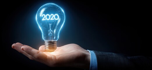 A hand holds a glowing lightbulb with the year 2020 displayed inside