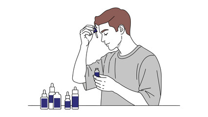 Young man carefully applying facial serum from a dropper bottle to his forehead for skincare routine and self care