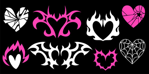 Y2k gothic heart designs with tribal flames, broken glass patterns and spider web details for edgy aesthetics. Pink elements, white silhouettes on black. Emo punk symbols for tattoos or stickers.