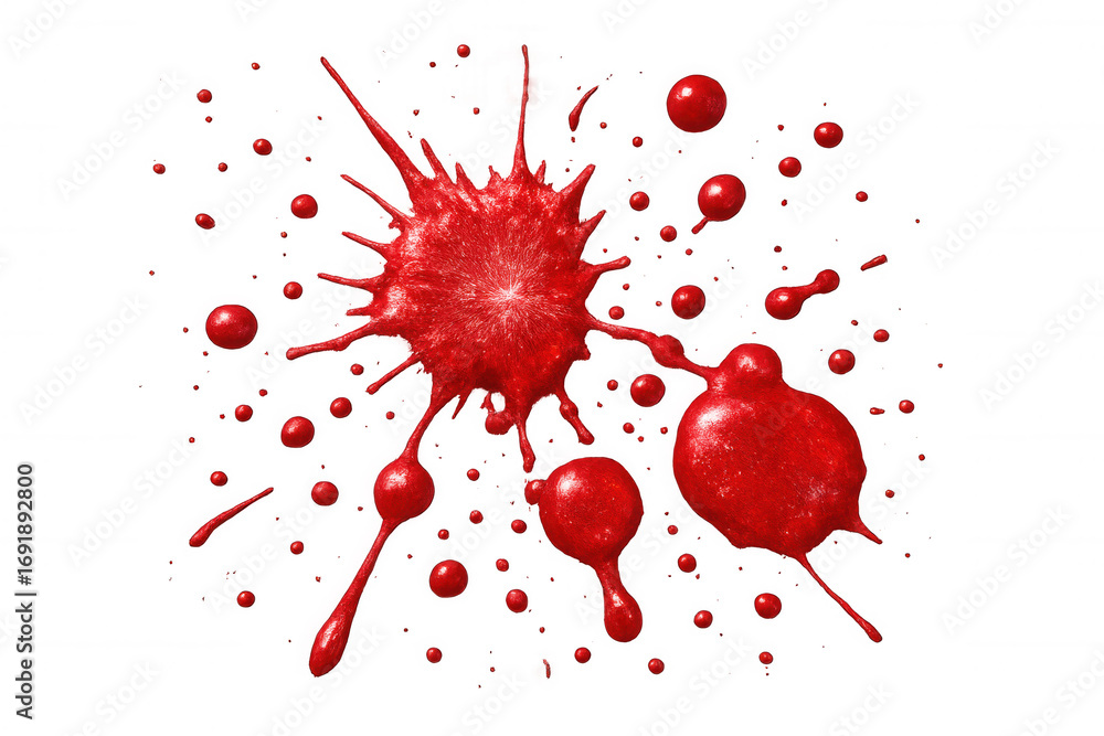 Poster dynamic red paint splatter creating an artistic mess on a transparent background, ideal for creative