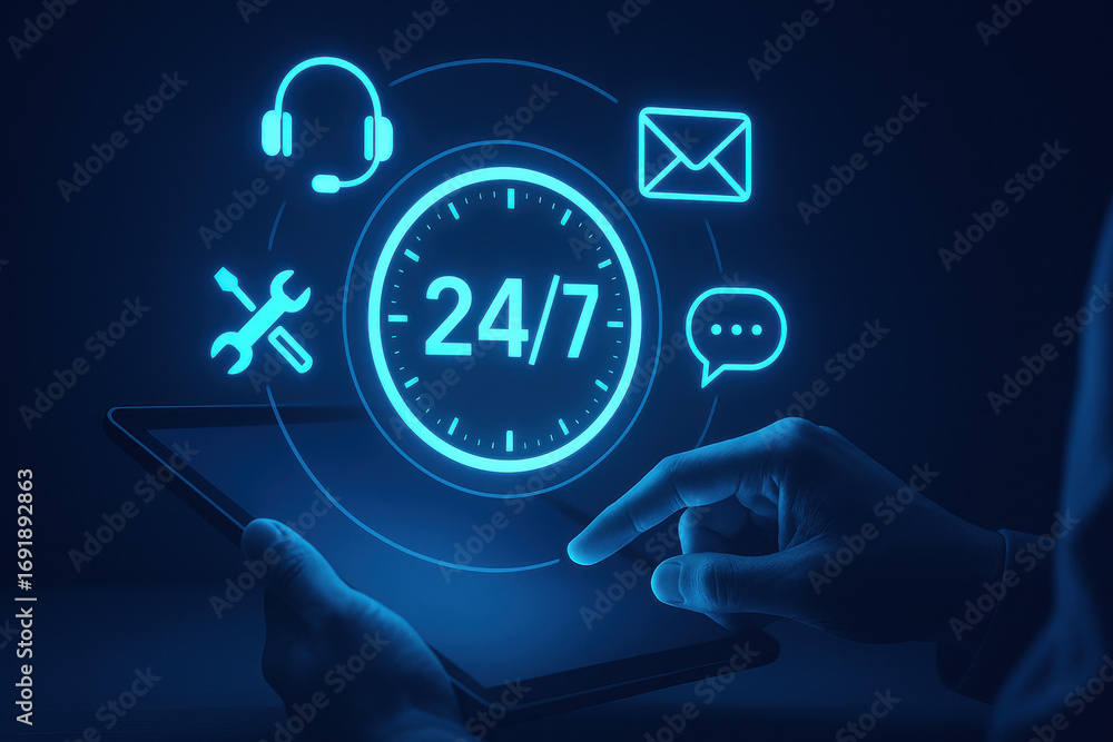Poster 24/7 customer support concept with digital icons and hand using tablet in dark
