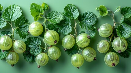 Fresh Green Gooseberries Growing on Branches with Leaves