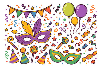 Mardi Gras carnival party vector set. Colorful cartoon collection of isolated festive elements: masks, feathers, confetti, balloons, candy, party hats, and streamers.