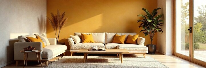 Cozy and stylish living room interior with a warm color palette and natural textures, perfect for relaxation and comfortable living , living space, texture