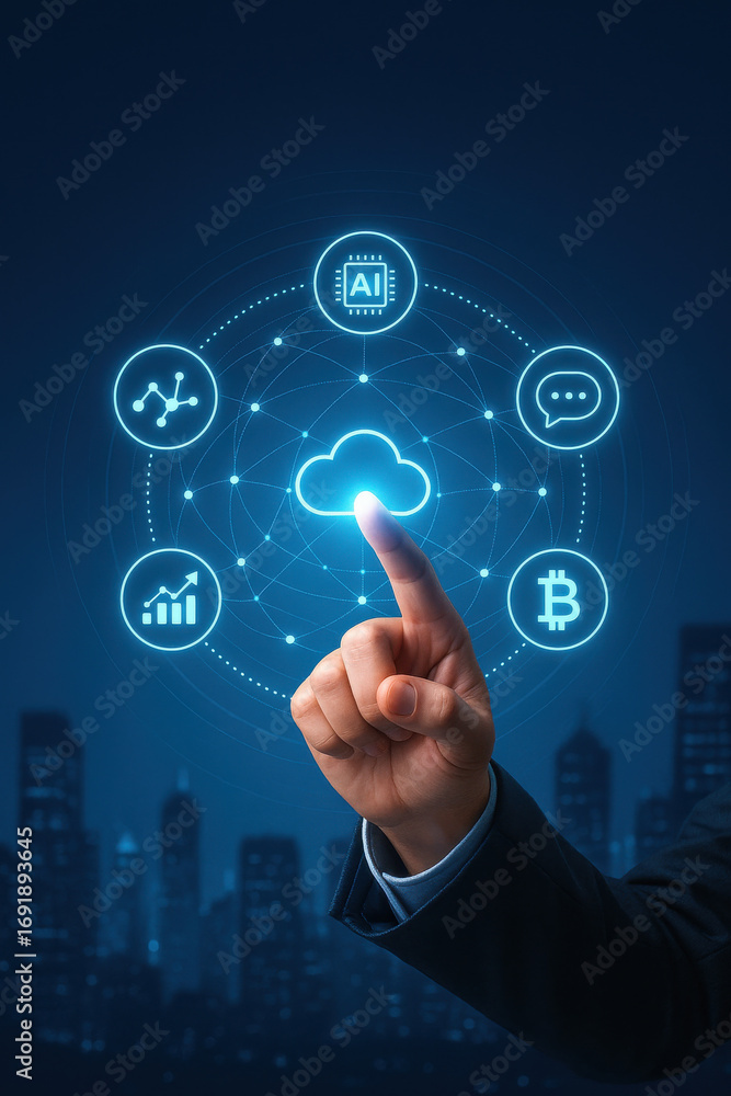 Poster cloud computing concept with hand pointing on digital icons of ai, bitcoin, chat, and analytics