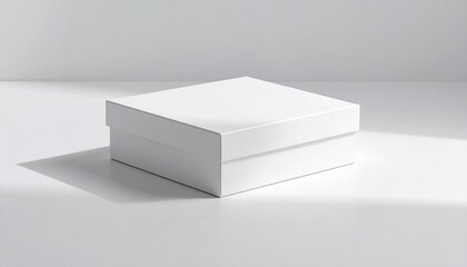 Simple white blank box with lid on a neutral surface in a studio setting, ideal for branding mockups and packaging design presentation