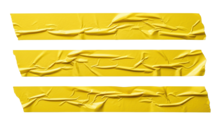 Three vibrant yellow, heavily crumpled adhesive tape strips with torn edges, macro shot on a transparent background with copy space, studio lighting, abstract conceptual art
