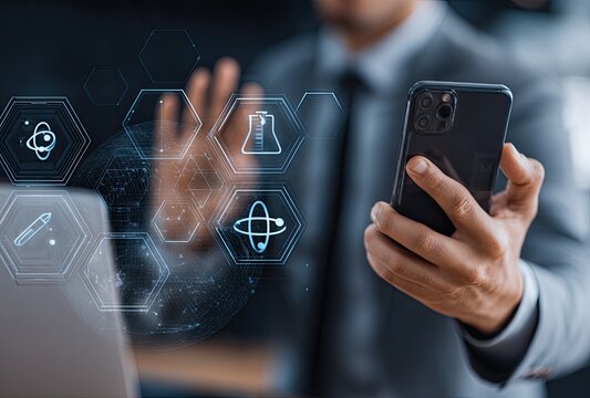 Businessman uses smartphone, holographic science icons overlay