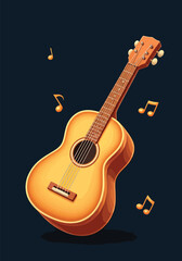 Acoustic Guitar Illustration with Floating Musical Notes on a Dark Background, Perfect for Music Enthusiasts and Educational Resources