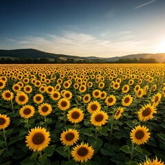Fototapeta premium Sunflower Field at Sunset - A Golden Landscape of Summer.