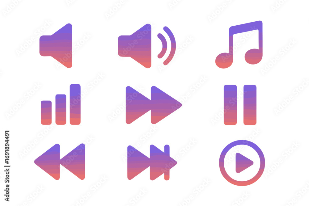Poster gradient music player control icons set. vector audio buttons for digital interface, app, and web de