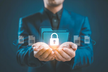 Futuristic tech concept a person holds glowing digital lock symbol representing cybersecurity and data protection