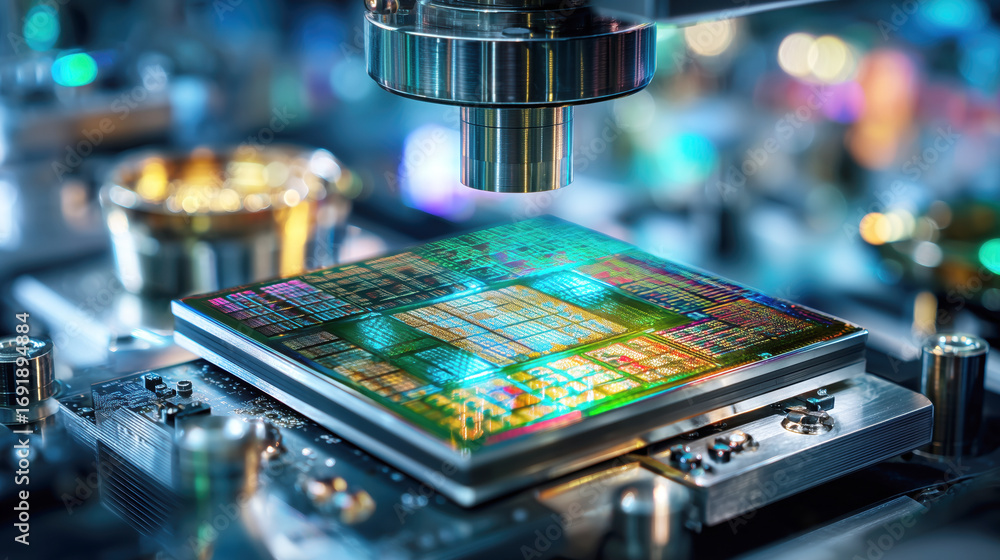 Poster close-up of a microchip under a microscope in a high-tech laboratory setting