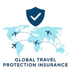 Global Travel Protection Infographic, World Map with Airplanes and Shield