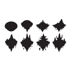 Silhouette Representations of Progressively Complex Floating Islands, Isolated Against a White Background, Cartoon Style, Hand Drawn for Game Design