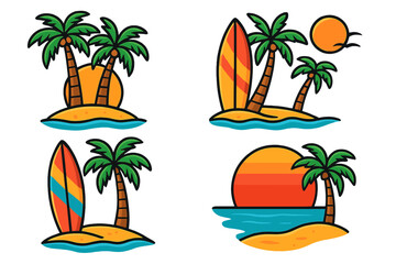 Tropical beach logo icon set. Vector cartoon illustrations of summer vacation scenes with palm trees on an island, ocean waves, beautiful sunset, and a colorful surfboard.