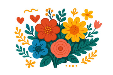 Vector set of colorful flowers and decorative design elements. Folk art cartoon style floral bouquet with hearts and leaves. Modern botanical illustration collection isolated.