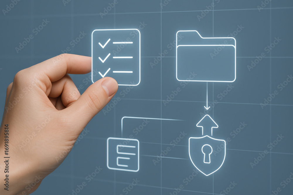 Poster hand interacting with digital icons representing checklist, folder, and security concepts screen