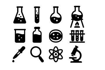 Science and chemistry lab equipment icons set. Minimalist black silhouette symbols for scientific research and experiments. Vector illustration of flask, test tube, microscope.