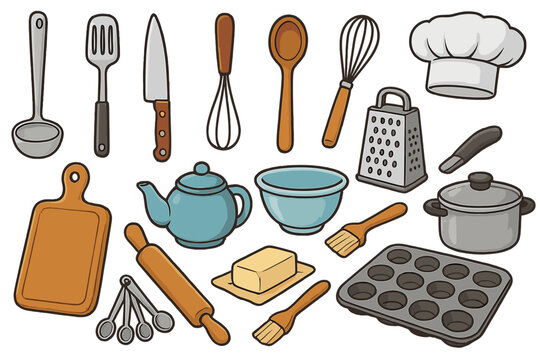 Kitchen utensils and baking tools set. Vector cartoon icons for cooking, food preparation. Culinary equipment with chef hat, rolling pin, pot, knife, whisk and grater.