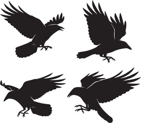 Obraz premium A Collection of Silhouetted Ravens Majestic Flight Captured in Detailed Vector Art Black Birds Flying in Various Poses
