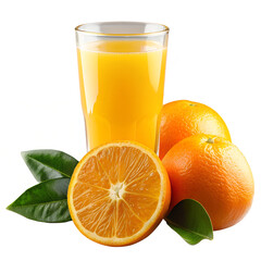 Fresh orange juice glass with whole and sliced oranges isolated on transparent background, healthy citrus beverage rich in vitamin c, organic drink concept for diet, nutrition, wellness and lifestyle 