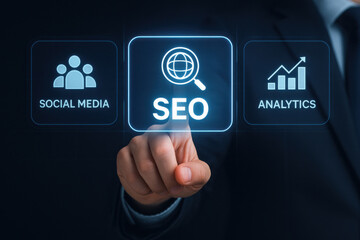 Fototapeta premium SEO concept with finger pointing on digital screen, social media and analytics icons