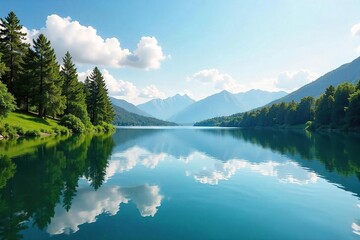 Serene landscape with a tranquil lake reflecting a clear sky, conveying a sense of peace and relaxation Ideal for stress relief, mindfulness, and well-being themes , blue, freedom, sky