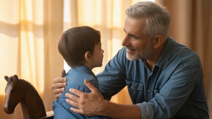 Fototapeta premium single dad son talking concept. A man shares a tender moment with a young boy indoors.