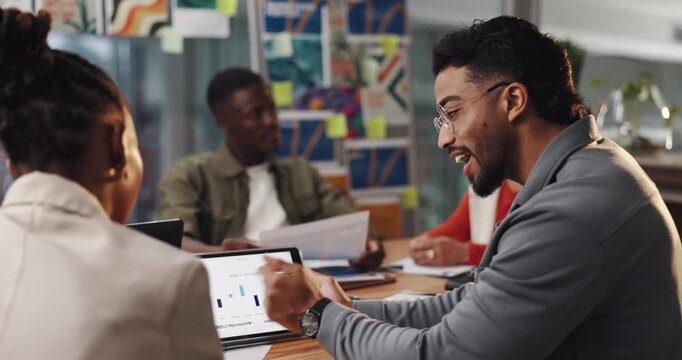 Tablet screen, meeting and team with business people in office for graphic designer, project progress and feedback. Storyboard portfolio, branding research and logo with employees in agency