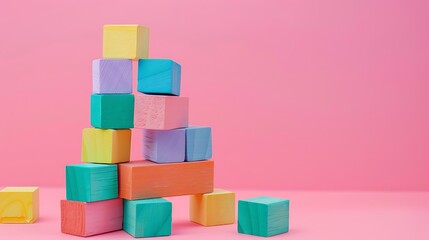 Colorful Building Blocks Stacked in a Pyramid Shape on Pink Background